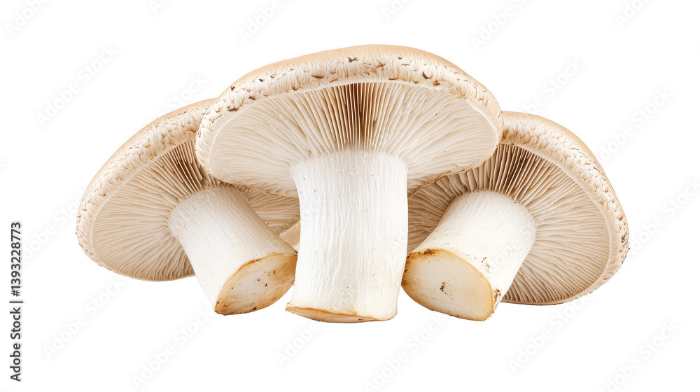 Group of three mushrooms, underside view, gills detail, cut out transparent Group of three mushrooms, underside view, gills detail, cut out transparent