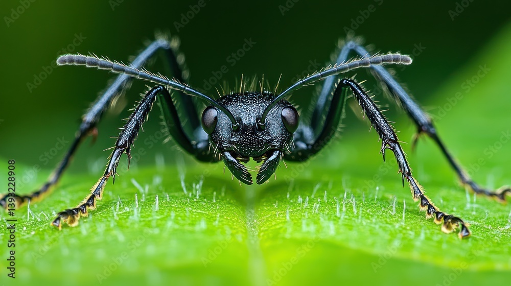 Fototapeta premium Close-up of a black ant on a leaf