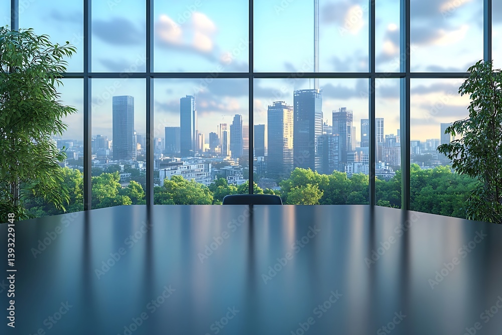 Fototapeta premium Office Interior with City Skyline View and Polished Table Business Meeting Room for Corporate Presentation : Generative AI