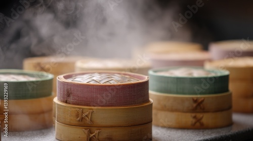 close-up of colorful array of steaming dim sum bamboo baskets steam swirling into air