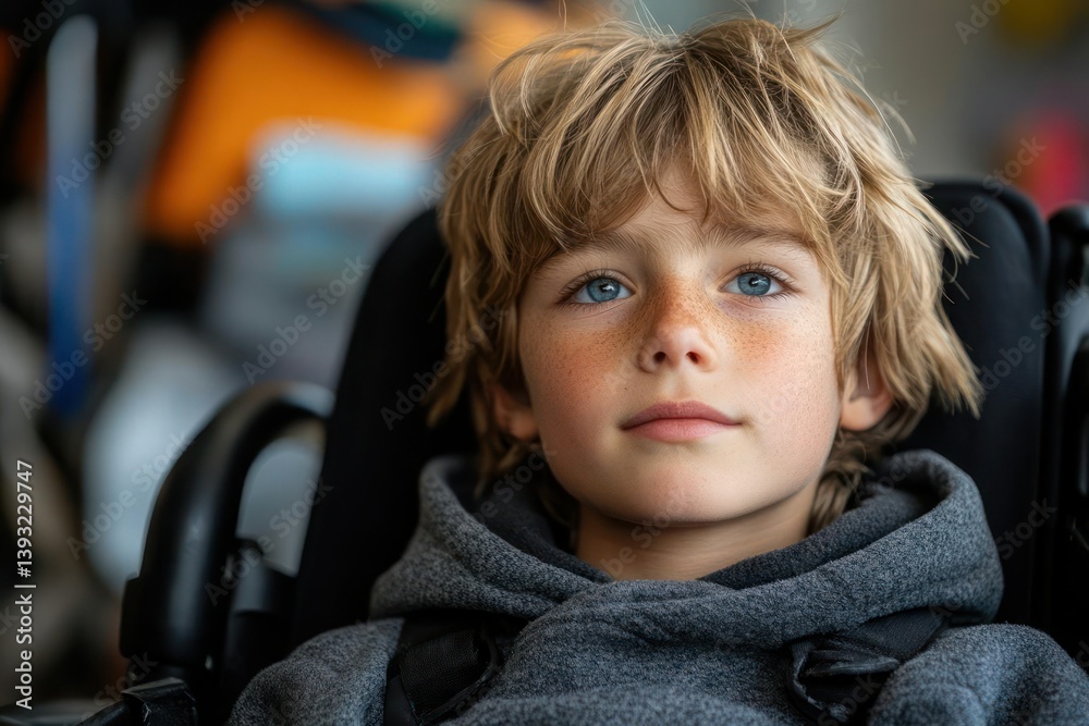 Young boy in wheelchair, thoughtful expression Young boy in wheelchair, thoughtful expression