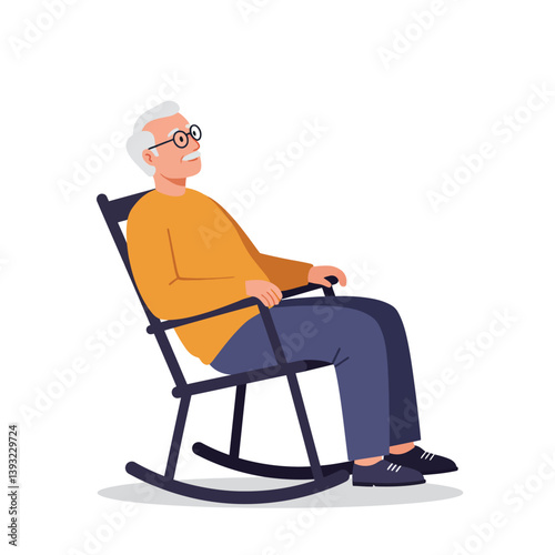 Senior man enjoying relaxation in a rocking chair flat vector illustration