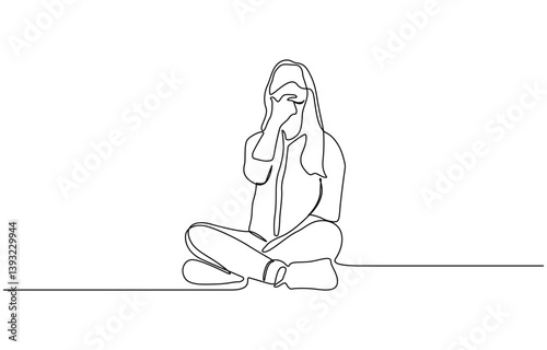 Young woman sitting cross-legged on the floor. Continuous line art drawing, Girl sitting high with dangling feet in continuous line art drawing style.