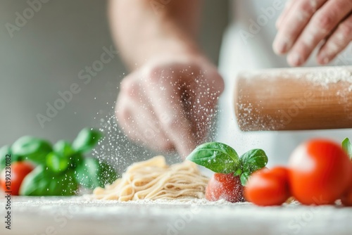 close-up of rustic italian kitchen table with freshly made pasta and vibrant ingredients such as ripe tomatoes and