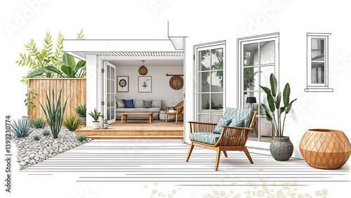 Aménagement d'une terrasse en bois devant la maison, design extérieur, aménagement paysager, espace vide pour du texte