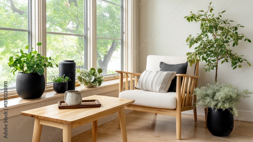 Fototapeta premium A serene living room with off-white walls, light maple wood furniture, and plants in matte black planters