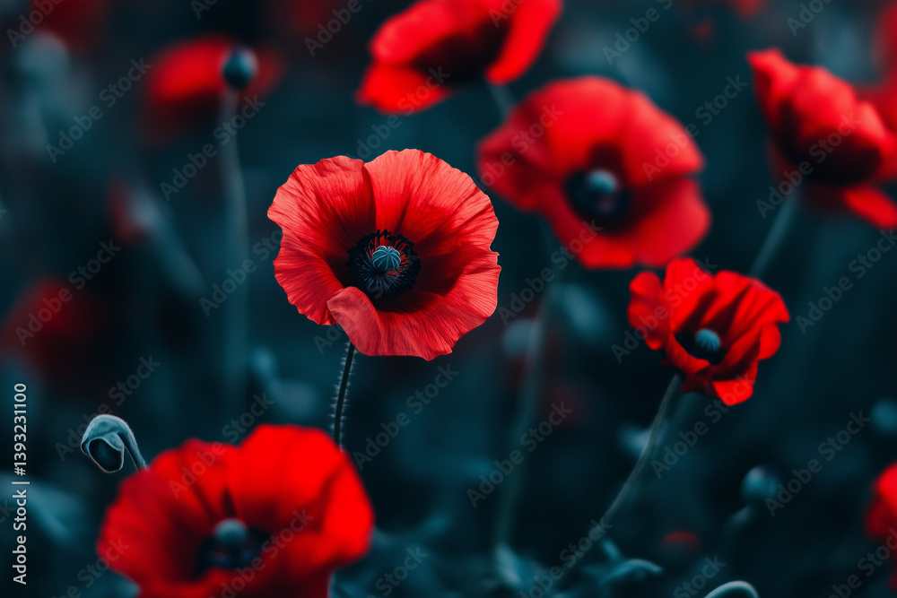 Obraz premium Blooming red poppy flowers on dark blue background in a field
