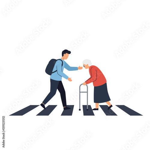 Helping elderly woman cross the street in flat vector art style vector illustration