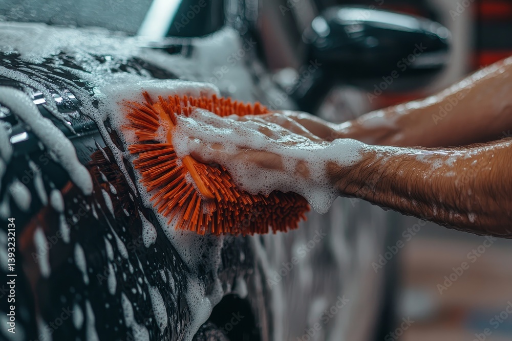 hand washes car with brush