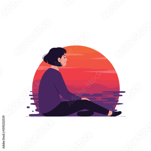 Person sitting calmly by the ocean at sunset in flat vector art