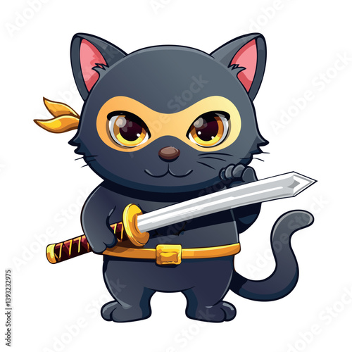 a black cat dressed as a ninja, holding a wooden katana
