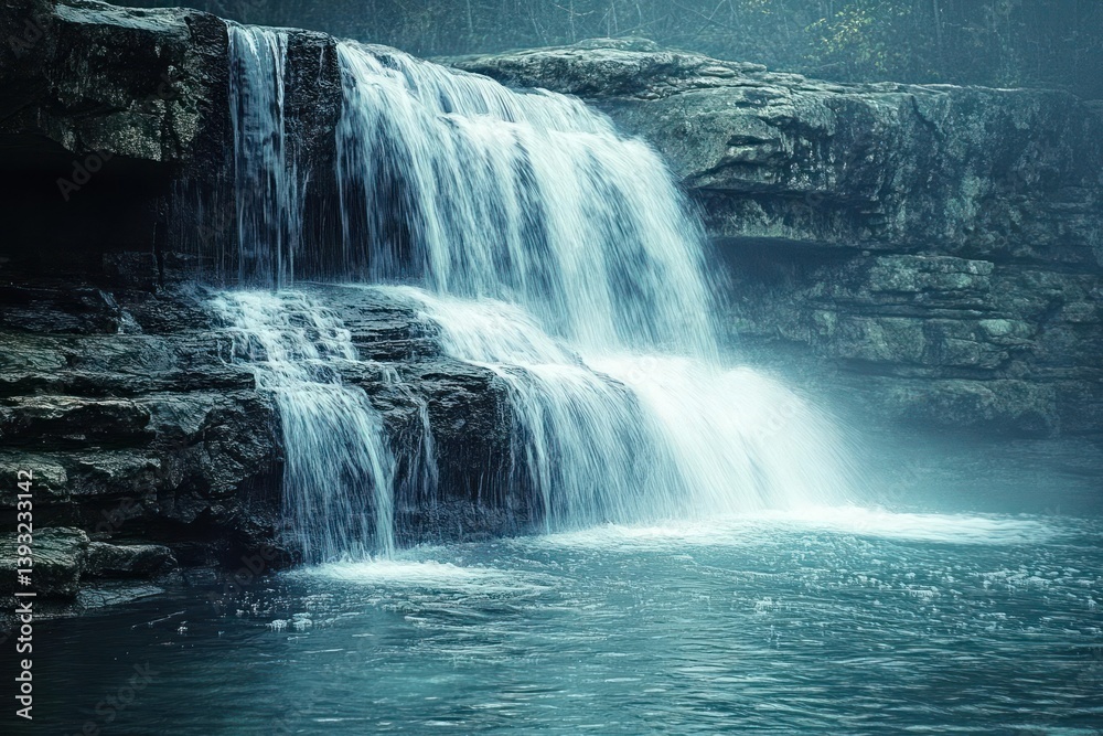 Fototapeta premium Cascading waterfall over rocky steps into a tranquil pool
