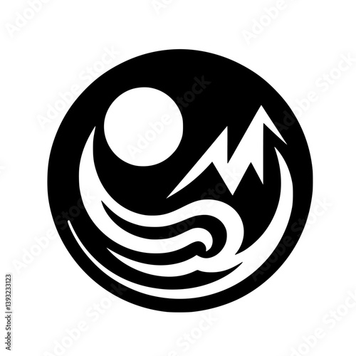 Yin Yang Nature Logo: Mountain, Sun, Water, Black and White, Circular