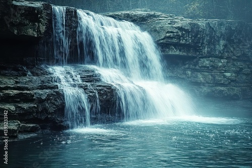 Cascading waterfall over rocky steps into a tranquil pool