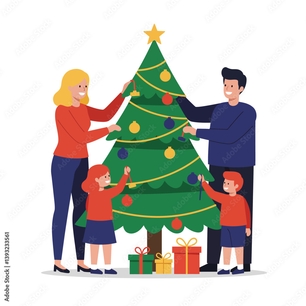Family decorating Christmas tree with ornaments in flat vector art style Family decorating Christmas tree with ornaments in flat vector art style
