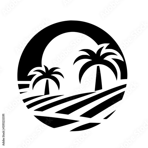 Minimalist Tropical Landscape Silhouette, Black & White Icon