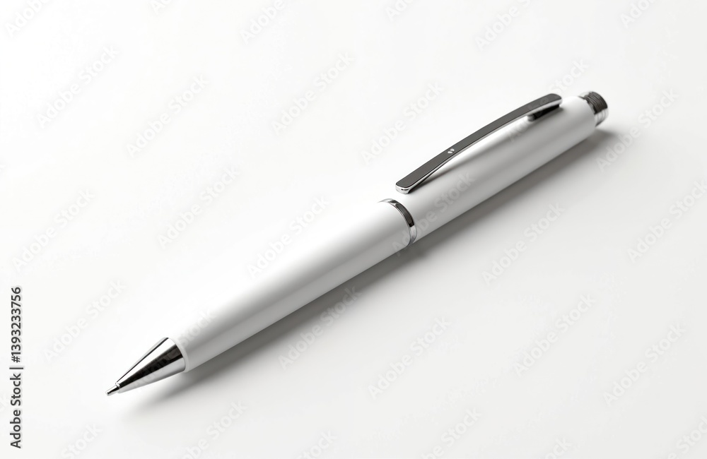 White ball pen on white background. Close-up office writing tool for business. Isolated object for presentations, writing notes, signing documents. Elegant, minimalistic design, perfect for corporate White ball pen on white background. Close-up office writing tool for business. Isolated object for presentations, writing notes, signing documents. Elegant, minimalistic design, perfect for corporate