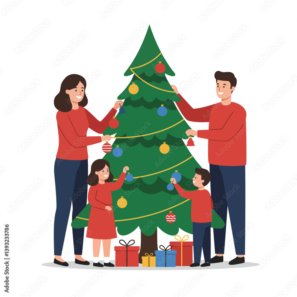 Family decorating a Christmas tree in a flat design vector illustration Family decorating a Christmas tree in a flat design vector illustration