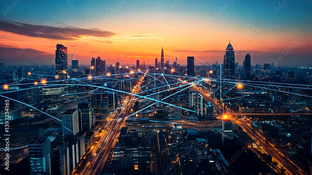 custom made wallpaper toronto digitalA vibrant city skyline at sunset with digital connections illustrating urban networking