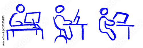 Person Sitting on Desk with PC Monitor Icon Crayon Chalk Drawing Vector Set