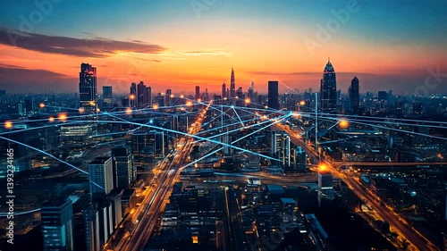 Wallpaper Mural A vibrant city skyline at sunset with digital connections illustrating urban networking Torontodigital.ca