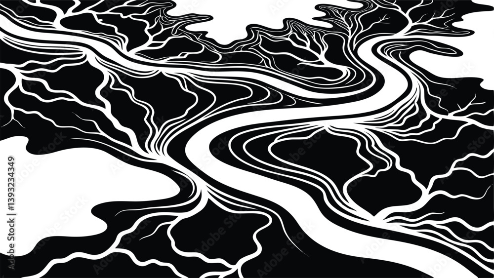 Obraz premium Abstract River Landscape Black and White Illustration