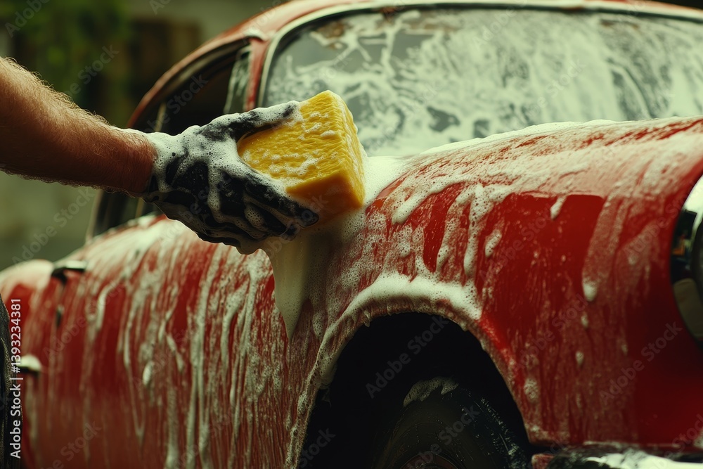 hand washes car with soapy sponge