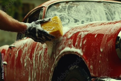 Obraz na płótnie hand washes car with soapy sponge w salonie