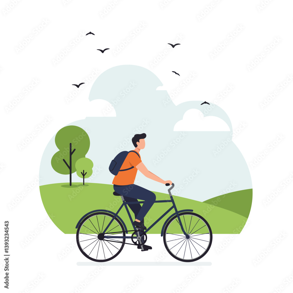 Fototapeta premium Man riding bicycle through green landscape in flat vector art