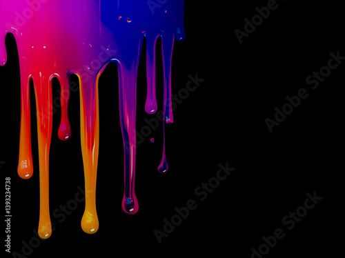Dynamic drips of vibrant, glossy rainbow paint flow down against a stark black background. Abstract, creative, and colorful.