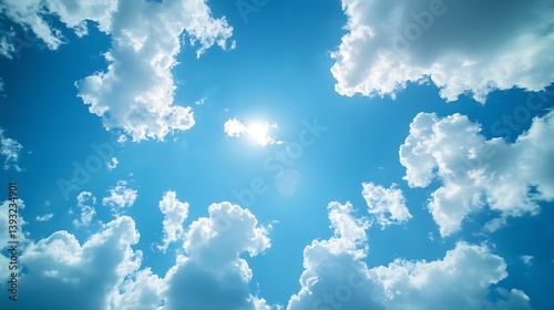 Vibrant sky filled with soft clouds and radiant sunlight breaking through a dynamic and colorful atmosphere : Generative AI