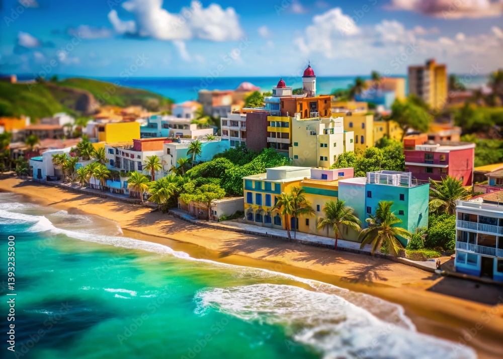 Fototapeta premium A TiltShift Perspective of a Vibrant Puerto Rican Coastal Town Miniature Charm and Coastal Beauty