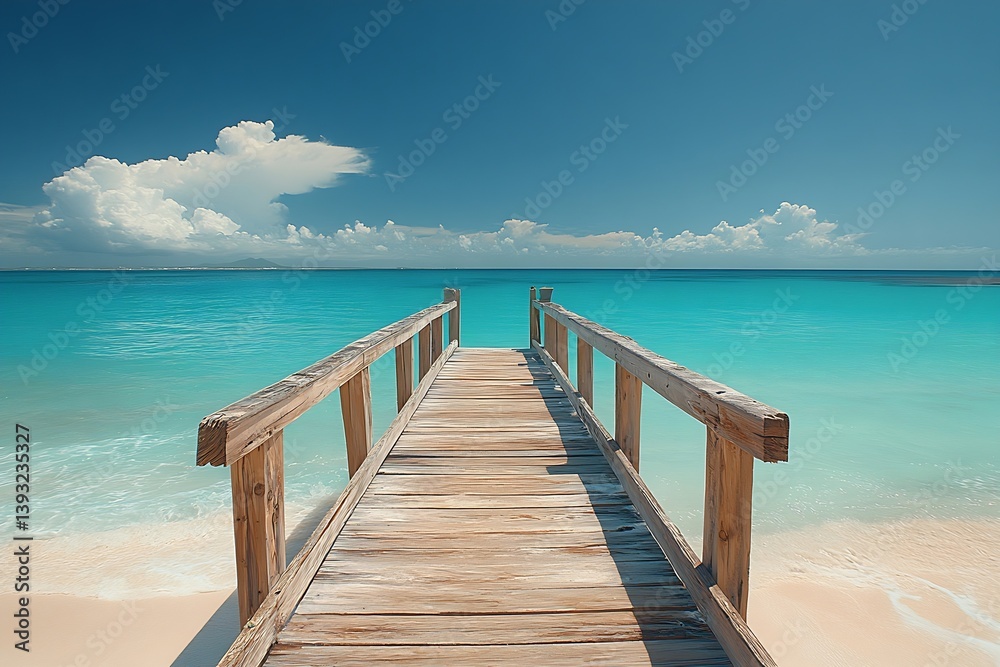 Obraz premium Tropical Beach Scene with Wooden Pier Turquoise Water White Sand and Blue Sky for Vacation Themes : Generative AI