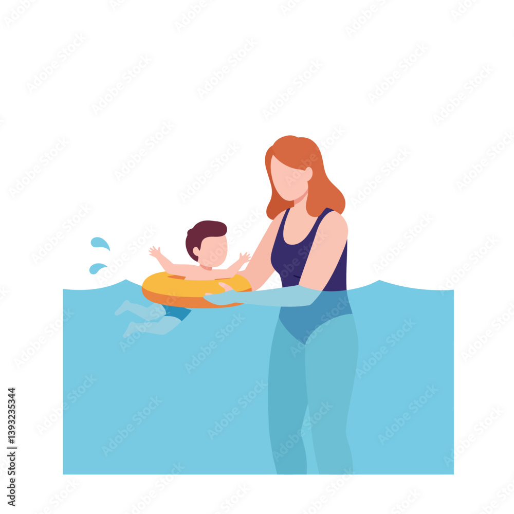 Fototapeta premium Woman helping child float in water with flat and colorful vector art