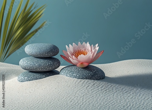 Tranquil Spa Scene with Zen Stones and Lotus Flower on Sand Serene Still Life Balancing Elements Meditation Wellness : Generative AI
