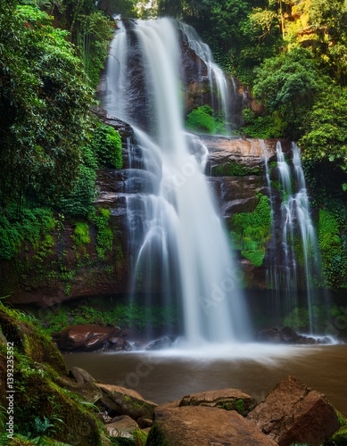 Green forest, big trees with green leaves canopy, long exposure of waterfall, ray of light