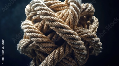 A tightly knotted bundle of thick ropes, woven in a complex interlaced pattern, individual fibers showing subtle fraying, set against a dark
