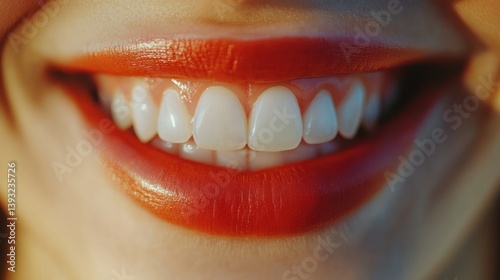 Close-up of a joyful smile with bright red lipstick and healthy teeth photo