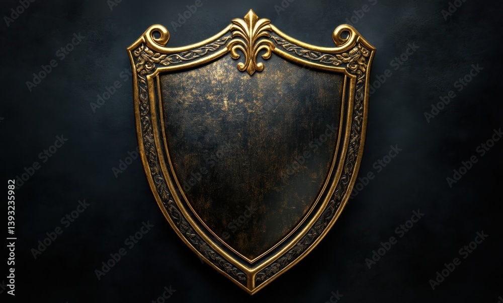 Fototapeta premium Ornate gold and black shield representing security and protection