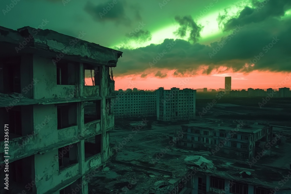 view of old giant slum type apartment building with northern lights in the background