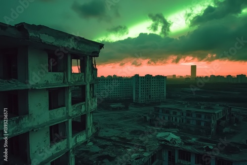 Obraz na płótnie view of old giant slum type apartment building with northern lights in the background w salonie