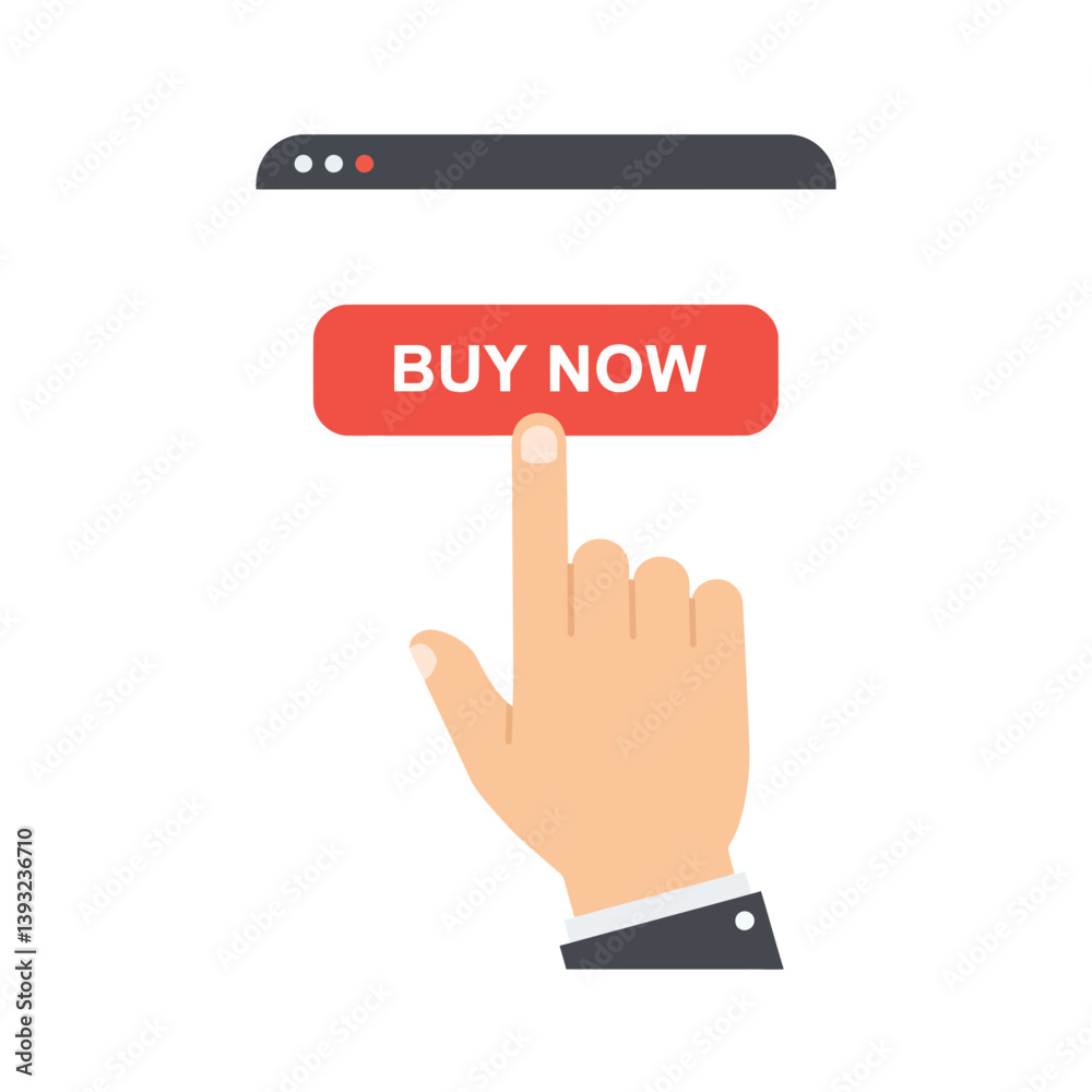 Hand pressing red buy now button on smartphone minimal vector illustration Hand pressing red buy now button on smartphone minimal vector illustration