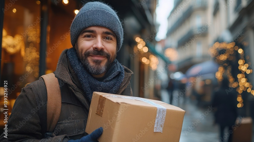 Man holding a delivery box outdoors in winter Man holding a delivery box outdoors in winter
