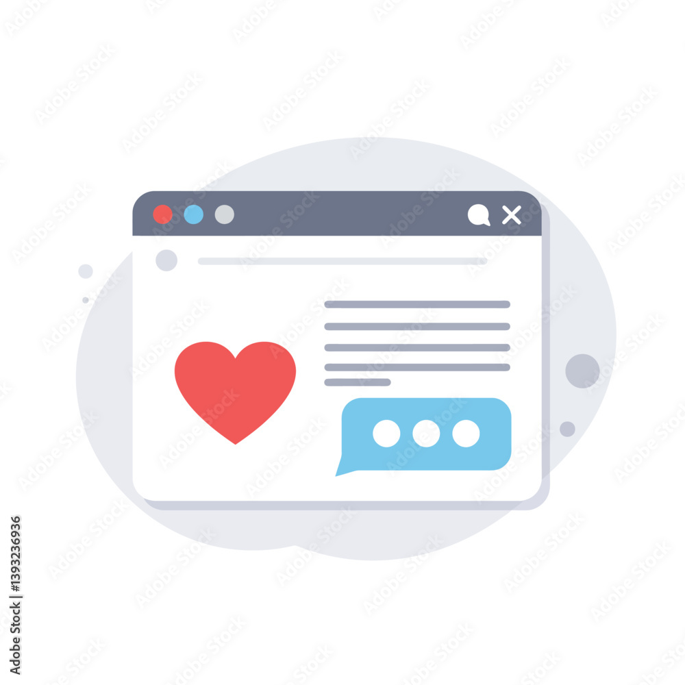Web browser interface with heart icon and chat bubble in flat vector art Web browser interface with heart icon and chat bubble in flat vector art