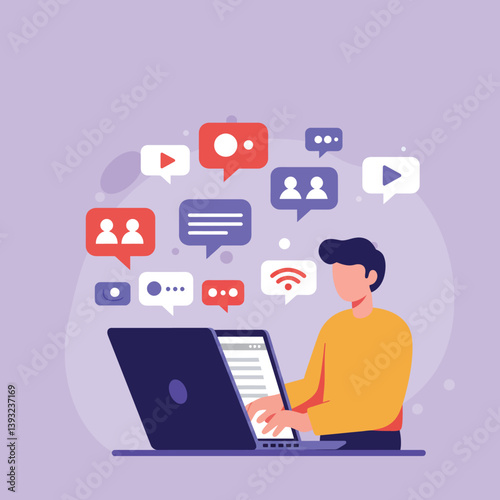 Person using laptop with social media icons in flat vector illustration