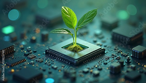 Green Sprout Growing from Computer Chip, Symbolizing Sustainable Technology and Eco-Friendly Innovation in Digital Computing  
