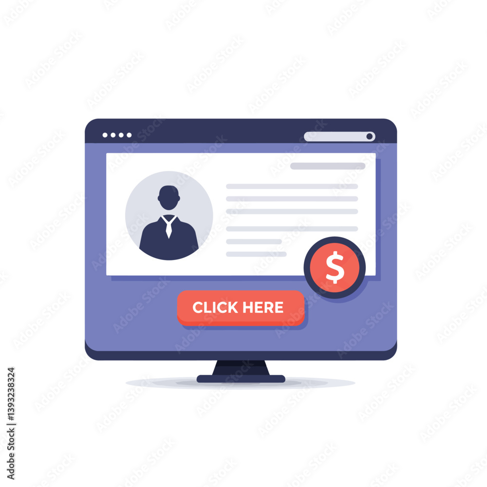 Computer screen displaying profile information with click button in flat vector art Computer screen displaying profile information with click button in flat vector art