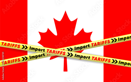 Canadian flag with yellow warning tape marked Import Tariffs symbolizing trade restrictions and economic sanctions.Economic Sanctions Symbolized with Canada Flag and Tape.Vector banner illustration