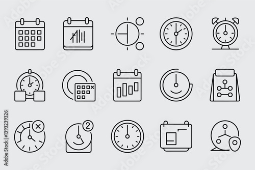 Schedule Planning Management Calendar Time Clock Thin Line Icons Set