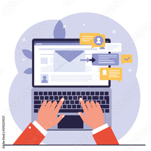 Hands typing on laptop with email notifications in flat vector illustration